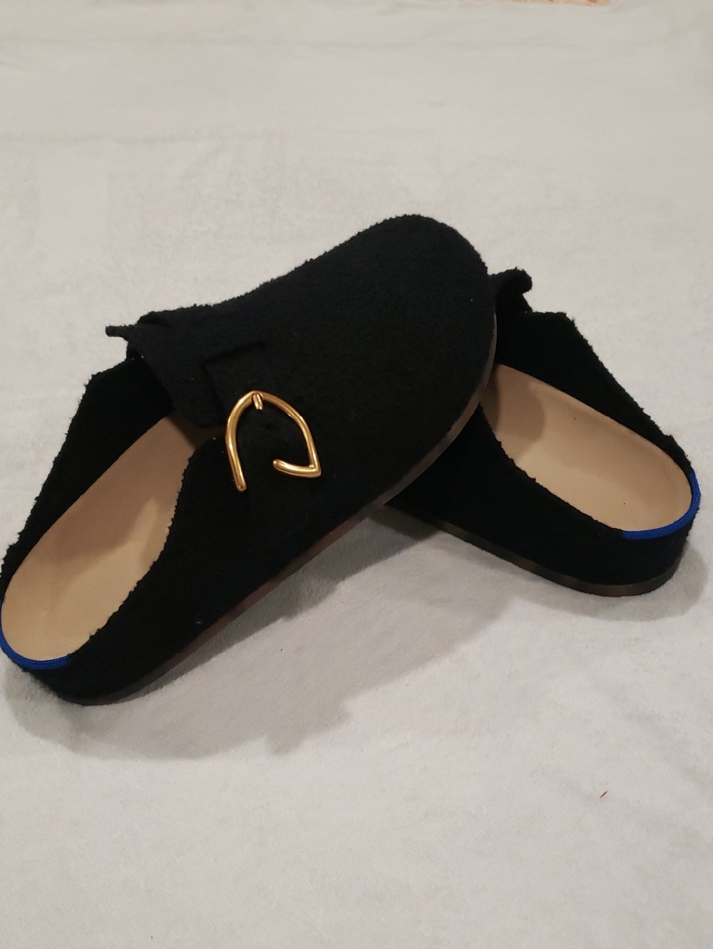 Rothy's Black Mule with Gold Accent and Blue Trim